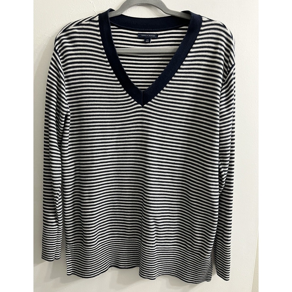 Tommy Hilfiger Womens Large Sweater White Blue Striped‎ Long V-Neck Loose Fit